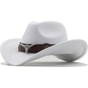 Unisex White 100% Polyester Bull Skull Band Classic Fedora Felt Cowboy Hat